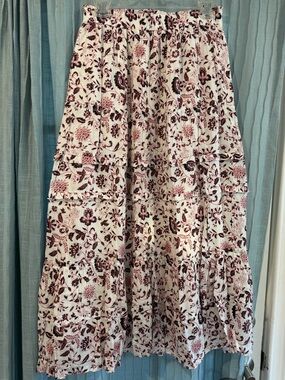LOFT White Maxi Skirt with Burgundy Floral Print